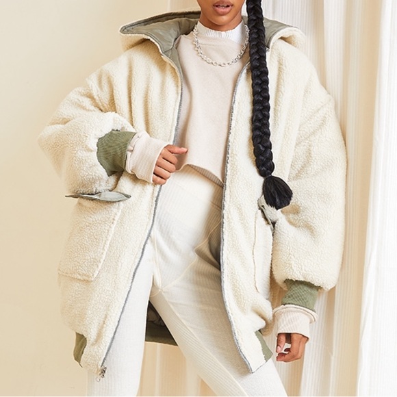 Olive Green Sherpa Lined Hooded Bomber Jacket - Picture 5 of 5